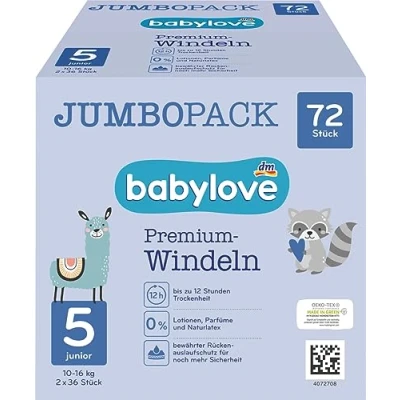 Abbildung von babylove Windeln Premium aktiv plus Größe 5, junior 12 25kg, Jumbo Pack, 2x36 Stück, 72 St