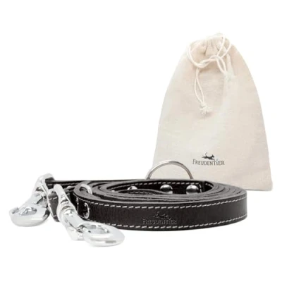 Abbildung von FREUDENTIER Hundeleine Leder 2m aus Leder, 3 Fach verstellbare Führleine Hund 2m, hochwertig und stilvoll, Grosse Hunde, mittelgroße Leine (Midnight, 20mm Breite)