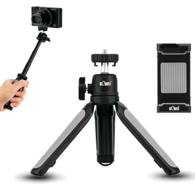 Abbildung von KIWIFOTOS 2 in 1 Teleskop Handgriff &amp; Mini Stativ mit Smartphone Clip, Kamera /Handy Handgriff, Selfie Stick für Kompaktkameras, DSLR, Telefon, Gopro, Osmo Action Sportkameras