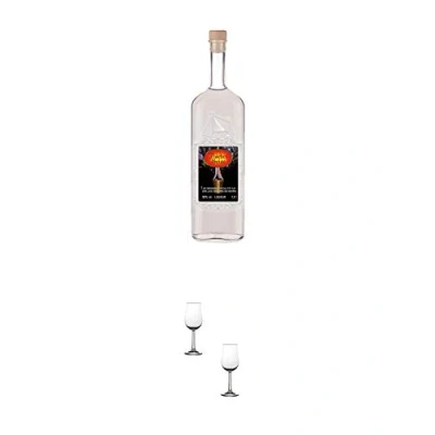 Abbildung von Fischergeist Kräuterlikör 1,0 Liter MAGNUM Flasche + Nosing Gläser Kelchglas Bugatti mit Eichstrich 2cl und 4cl 2 Stück