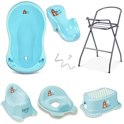 Abbildung von Baby Badewanne mit Gestell 7 Set TÜV Rheinland geprüft Babybadewanne + Badewannensitz Ständer Abfluss Töpfchen Hocker WC Sitz Kinder