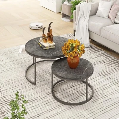 Abbildung von hitsuki Couchtisch Rund 2er Set, Marmor Grau Metallgestell Wohnzimmertisch Grau, Beistelltisch Metall，Satztische fürs Wohnzimmer, Schlafzimmer, Balkon (Schwarz &amp; Schwarz)