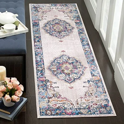 Abbildung von SAFAVIEH Traditionell Teppich für Wohnzimmer, Esszimmer, Schlafzimmer Bristol Collection, Kurzer Flor, Hellgrau und Blau, 69 X 244 cm