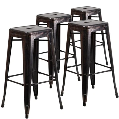 Abbildung von Flash Furniture Lily Barhocker, kommerzielle Qualität, 76,2 cm hoch, rückenfrei, schwarz antik Gold, Metall, für drinnen und draußen, mit quadratischem Sitz, 4 Stück