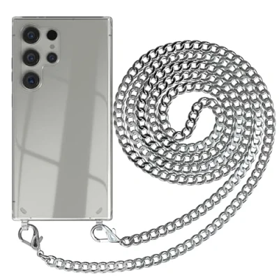 Abbildung von EAZY CASE Handykette kompatibel mit Samsung Galaxy S24 Ultra Handyhülle Metall Umhängeband und Ersatz Kordel schwarz, Handykordel Schutzhülle, Kette Smartphone Hülle, Silber