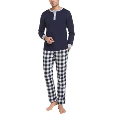 Abbildung von Doaraha Schlafanzug Herren Lang Winter Zweiteilige Nachtwäsche aus Baumwolle Rundhals Kariert Pyjama Set Männer