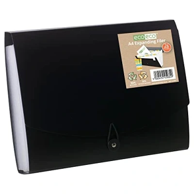 Abbildung von eco A4 50% recycelt, 26 transparente Taschen, schwarzer Einband, Akkordeon Organizer, Dokumentenmappe, bedruckte Registerkarten, Fächer, eco084