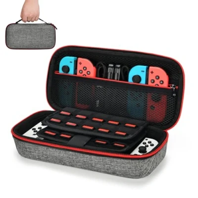 Abbildung von Younik Tasche für NS Switch Verbesserte Version Harte Reise Hülle Case mit größerem Speicherplatz 19 Spiele, offizieller Wechselstromadapter und anderes Zubehör(Grau)