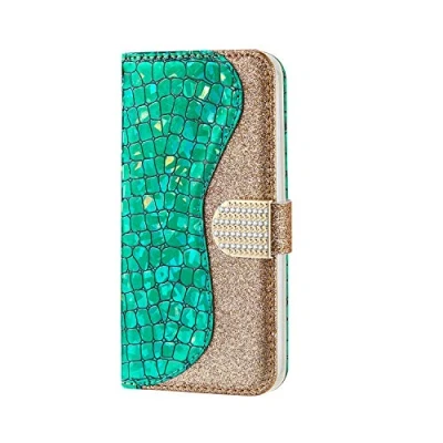 Abbildung von Bling Hülle für Samsung Galaxy A40, CrazyLemon Green Strass &amp; Gold Glitter PU Leder Magnetisch Flip Brieftasche mit Kartenhalter Voller Schutz Stoßfest Schutzhülle A40