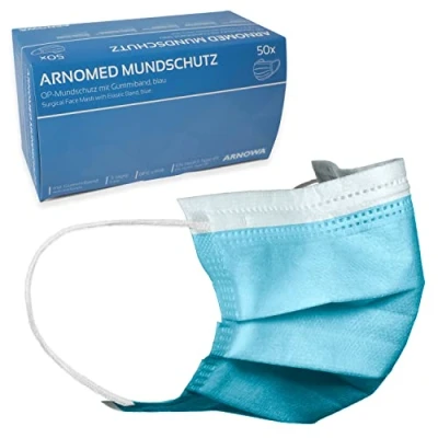 Abbildung von ARNOMED Masken Medizinisch 100x, in Blau, OP CE zertifiziert, Medizinische Typ IIR, Mundschutz gemäß Norm EN 14683, 3 lagige Blau