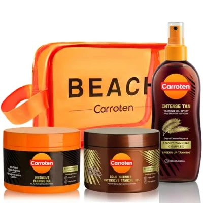 Abbildung von Carroten 3er Sonnenpflege Set Bräunungsset aus Intensive Tanning Gel 150 ml, Gold ml und Tann Oil 150ml für Schnelle Bräunung, inkl. Praktischer Kosmetiktasche