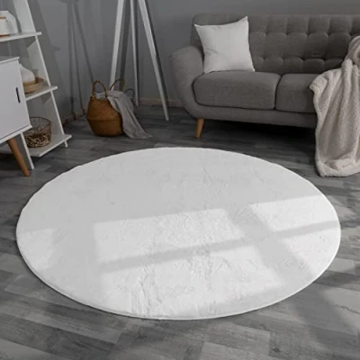 Abbildung von TT Home Wohnzimmer Teppich Hochflor Langflor Kunstfell Weich Modern Unifarben Flauschig, Farbe:Weiß, Größe:80 cm Rund