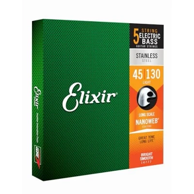 Abbildung von Elixir® Saiten Stainless Steel 5 str. E Basssaiten mit NANOWEB® Beschichtung, Long Scale, Light (.045 .130)