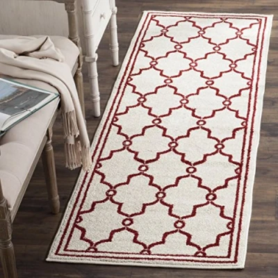Abbildung von SAFAVIEH Geometrisch Teppich für Wohnzimmer, Esszimmer, Schlafzimmer Amherst Collection, Kurzer Flor, Elfenbein und Rot, 69 X 213 cm