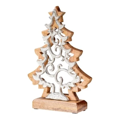 Abbildung von levandeo Deko Baum Aufsteller Weihnachten H25cm Holz Metall Natur Silber Tischdeko Mango Tanne Weihnachtsbaum Weihnachtsdeko