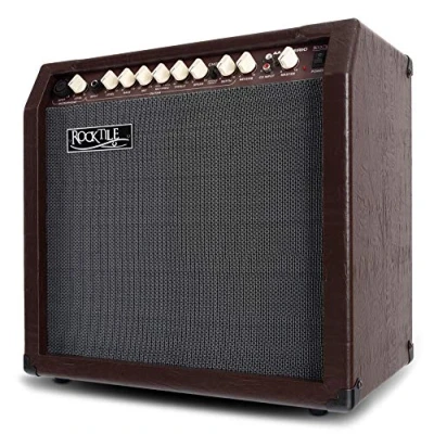 Abbildung von Rocktile AA 30 BN Eric Akustikverstärker Watt 2 Kanäle (Mikrofon und Gitarre) 10&quot; Speaker + 2,5&quot; Hochtöner AUX Eingang Line Out Chorus Hall Effekt Braun