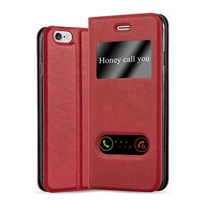 Abbildung von Cadorabo Hülle kompatibel mit Apple iPhone 6 Plus / 6S Sichtfenster aus Kunst Leder Flip Klappbare Magnetische [Kartenfächern] Cover für Tasche in Rot
