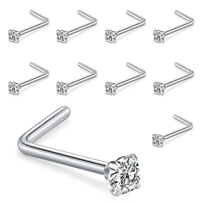 Abbildung von Liuxn 10 Stück Gebogene Nase Stud Stahl Nasenring Zirkonia L Bend Bar Piercing Schmuck, 20 Gauge