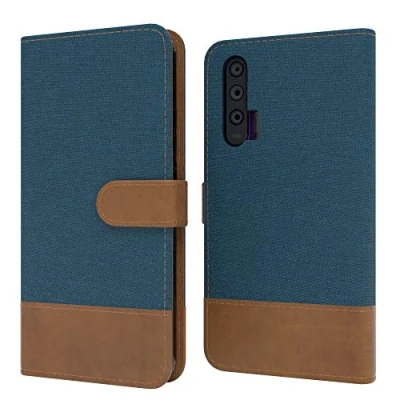 Abbildung von EAZY CASE Tasche kompatibel mit Honor 20 Pro Stoff Schutzhülle Standfunktion Klapphülle im Bookstyle, Handyhülle Flip Cover Magnetverschluss und Kartenfach, Kunstleder, Dunkel Blau