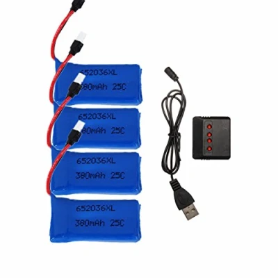 Abbildung von YUNIQUE GREEN CLEAN POWER Set mit 4 Lipo Batterien 25C 3.7V 380mAh für Drohnen Inklusive Ladegerät Kompatibel HUBSAN X4, H107, V252, 38x20x8 mm 12 gr, Blau
