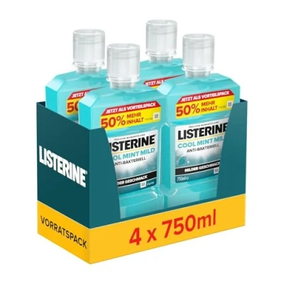 Abbildung von LISTERINE Cool Mint Mild (4 x 750 ml), antibakterielle Mundspülung mit ätherischen Ölen &amp; ohne Alkohol, mildes Zahnpflege Mundwasser, reduziert Zahnbelag, bekämpft wirksam Mundgeruch