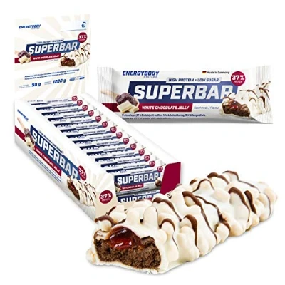 Abbildung von Energybody Superbar Proteinriegel White Chocolate Jelly 24x 50g / High Protein Riegel 37% Eiweiß 2g Zucker/Eiweißriegel zuckerarm für Low Carb Ernährung/Protein Bars