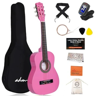 Abbildung von ADM 1/4 Kindergitarre Junior Konzertgitarre für Anfänger mit Clip Stimmgerät, Tasche, Gurt, Zusätzlichen Saiten und Plektren, Rosa