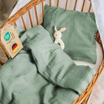 Abbildung von Laleni Baby Bettwäsche 80x80 cm aus Baumwolle Musselin + Kissenbezug 35x40 Oeko TEX zertifizierte Baumwoll Grün