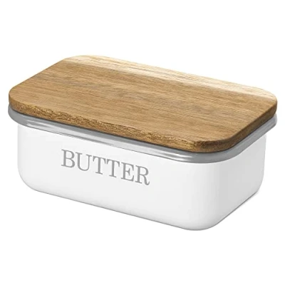 Abbildung von Navaris Butterdose Eisendose mit Akaziendeckel Silikon Dichtungsring, Eisen