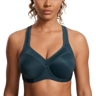 Abbildung von SYROKAN Damen Sport BH Starker Halt Bügel Push Up Ringerrücken Gepolstert Fitness Wald Dunkelgrün 85C