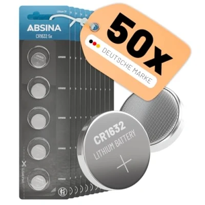 Abbildung von ABSINA CR1632 3V Lithium Knopfzelle 10x 5er Pack Batterien CR 1632 auslaufsicher &amp; Lange Haltbarkeit für Autoschlüssel, Uhr UVM Batterie Knopfzelle,