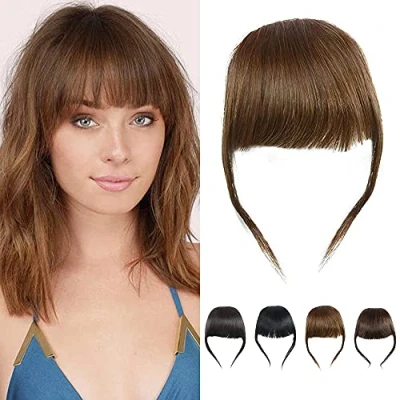 Abbildung von Dickes Haar Pony Echtes Echthaar Fringe Bang Clip in Fransen Haarverlängerung Unverarbeitete Fransen, Hellbraune Farbe