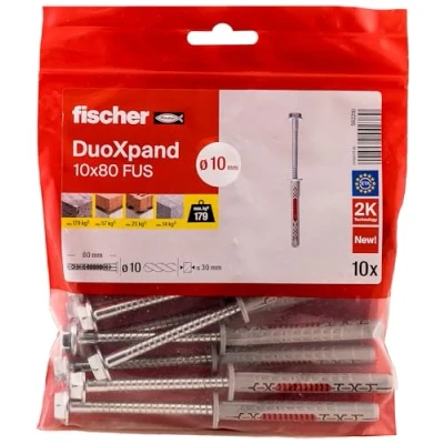 Abbildung von fischer DuoXpand 10 x 80 FUS, hochwertiger Universaldübel mit Sechskantschraube &amp; angeformter U Scheibe (10 Stk.), Dübel für starken Halt, ideal poröse Baustoffe randnahe Verankerungen