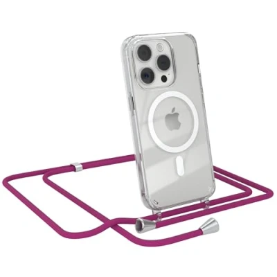 Abbildung von EAZY CASE Handykette kompatibel mit iPhone 15 Pro Kette zum Umhängen Stoßfest Handyhülle für Silikon Hülle Band Handytasche Transparent als Fallschutz in Pink
