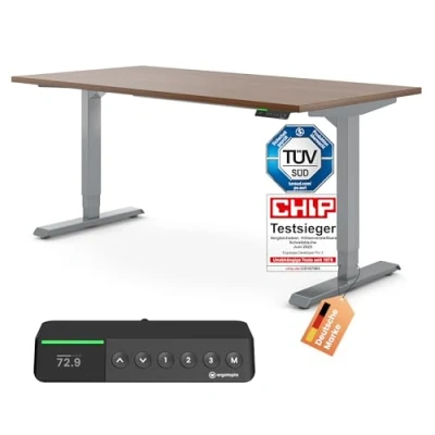 Abbildung von Ergotopia Desktopia Pro x Elektrisch höhenverstellbarer Schreibtisch, Ergonomischer Stehtisch für Büro oder Home Office (Nussbaum, Gestell Grau, 120 80 cm)
