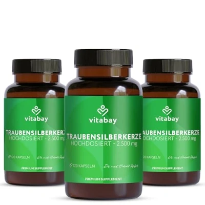 Abbildung von Vitabay Traubensilberkerze 2500mg Hochdosiert 360 Cimicifuga Kapseln VEGAN Black Cohosh Tabletten Racemosa Laborgeprüft