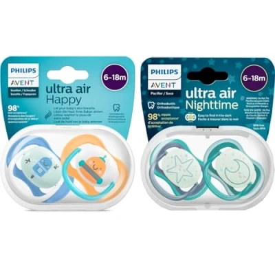 Abbildung von Philips AVENT Schnuller 6 18 Monate Ultra Air Day &amp; Night (4er Pack): 2 x nachtleuchtender für die Nacht, Schnuller, Monate, Sterilisator Tragetaschen