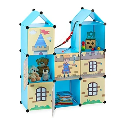 Abbildung von Relaxdays Steckregal Kinderzimmer, coole Ritterburg, Kunststoff, Kinderschrank mit Türen, HxBxT: 128 x 110 37 cm, bunt