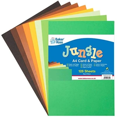 Abbildung von Baker Ross AX999 Dschungel Bastelkarton und Bastelpapier 128 Blatt, DIN A4 Karte Papier zum Basteln für Kinder Erwachsene,
