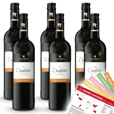 Abbildung von Rheinberg Dornfelder, halbtrocken, sortenreines Weinpaket + VINOX Winecards (6x0,75l)