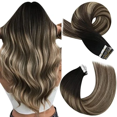 Abbildung von Moresoo Tape in Extension Echthaar Schwarz Remy Unsichtbare Extensions Balayage zu Dunkelbraun mit Karamellblond #1B/3/27 Haarextension 45 cm 20 Stück/50g