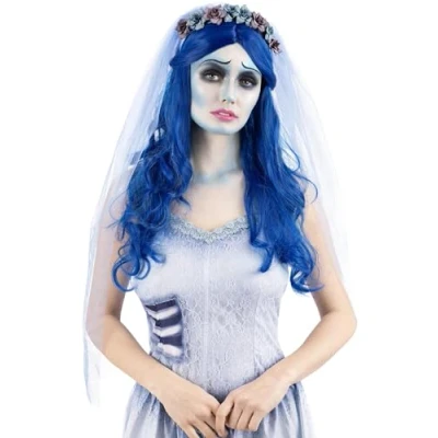 Abbildung von Smiffys Kostüm Perücke Corpse Bride Emily Perücke, Blaue Langhaarperücke der toten Braut aus dem Tim Burton Film