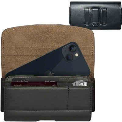 Abbildung von MyGadget Kunstleder Gürteltasche Hülle [ 14,5 x 8 cm Größe S ] Smartphone Gürtel Schutzhülle mit Kartenfach Handytasche für Apple iPhone 12 13 Mini Schwarz