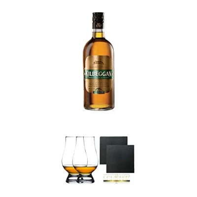 Abbildung von Kilbeggan Irish Whiskey 0,7 Liter + The Glencairn Glass Whisky Glas Stölzle 2 Stück Schiefer Glasuntersetzer eckig ca. 9,5 cm Ø
