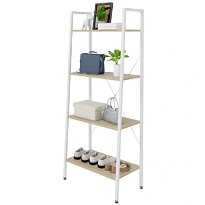 Abbildung von eSituro Bücherregal Leiterregal 4 Ablagen Standregal Aufbewahrung Küchenregal Badregal 60x35x148CM Weiß+hell Eiche SSTR0039