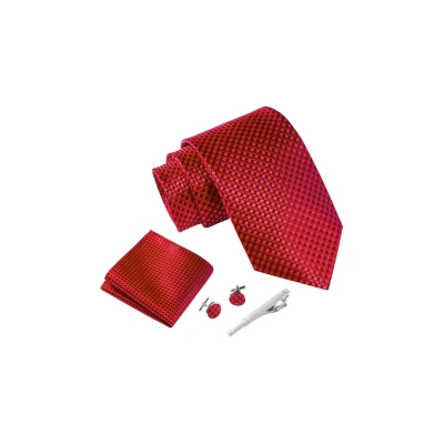 Abbildung von Massi Morino Krawatte Rot Kariert mit Einstecktuch Set Herren inkl. Manschettenknöpfe, Krawattennadel und Geschenkbox Männer Krawattenset