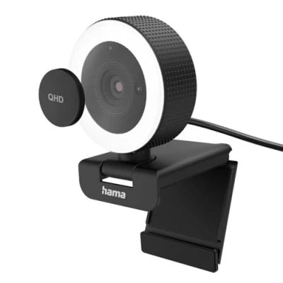 Abbildung von Hama Webcam mit Licht, Fernbedienung, Zoom, mobil (QHD 2K PC Kamera Dual Mikrofon, Streaming Cam, Ringlicht Abdeckung, Autofokus, 360 drehen 89 neigen, 1/4 Zoll Gewinde f. Stativ) schwarz