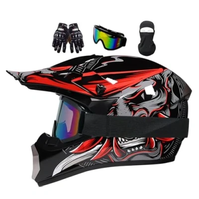 Abbildung von Motocross Helm Kinder, Jugend Motorradhelme, Motorradhelm Downhill Fullface Helm, Moto Cross Herren, Mit Brille Handschuhe, Integralhelm Crosshelm Motorrad MTB Enduro Quad Helm(M(54 55CM))