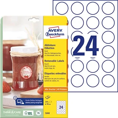 Abbildung von AVERY Zweckform Marmeladenetiketten Art. 5080 (240 Aufkleber ablösbar, Ø 40mm auf A4, rund, für Gewürz oder Einmachgläser, Gebäcktüten, Geschenke und Selbstgemachtes aus der Küche) 10 Blatt weiß