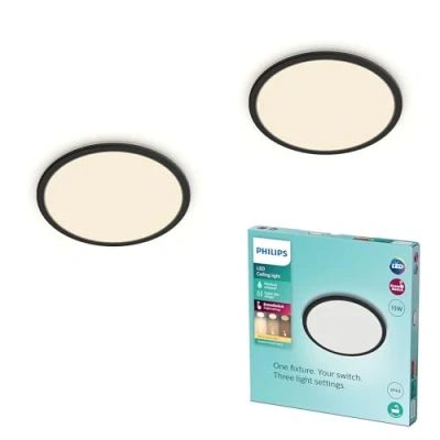 Abbildung von PHILIPS LED Badezimmer Deckenleuchte Superslim, schwarz, 15W, warmweißes Licht 2.700K, 3 Lichteinstellungen dimmen ohne Dimmer, IP44 Schutz, Doppelpack